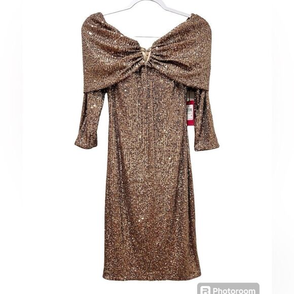 VINCE CAMUTO Gold Sequin Midi Dress Size 0 - Picture 1 of 12